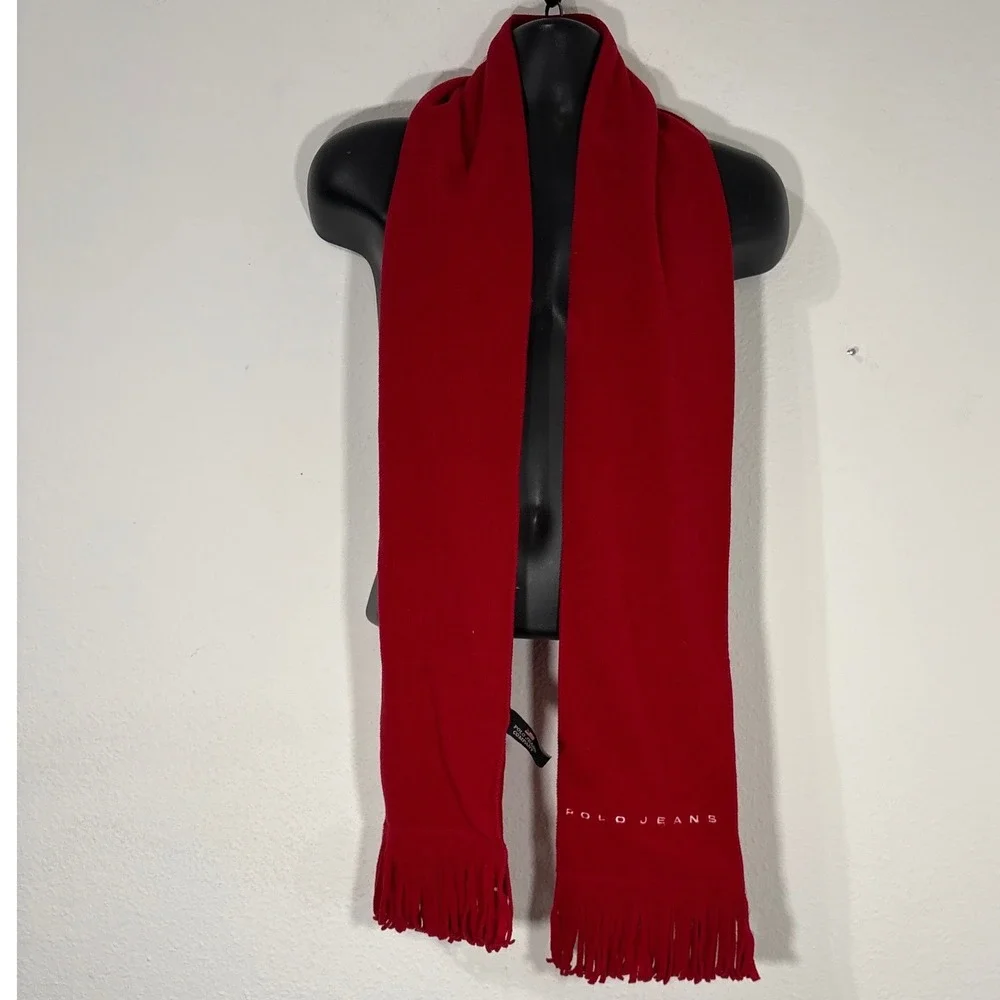 Polo‎ Jeans Company Red Fleece Scarf Embroidered Logo Fringe Winter 80 Inch